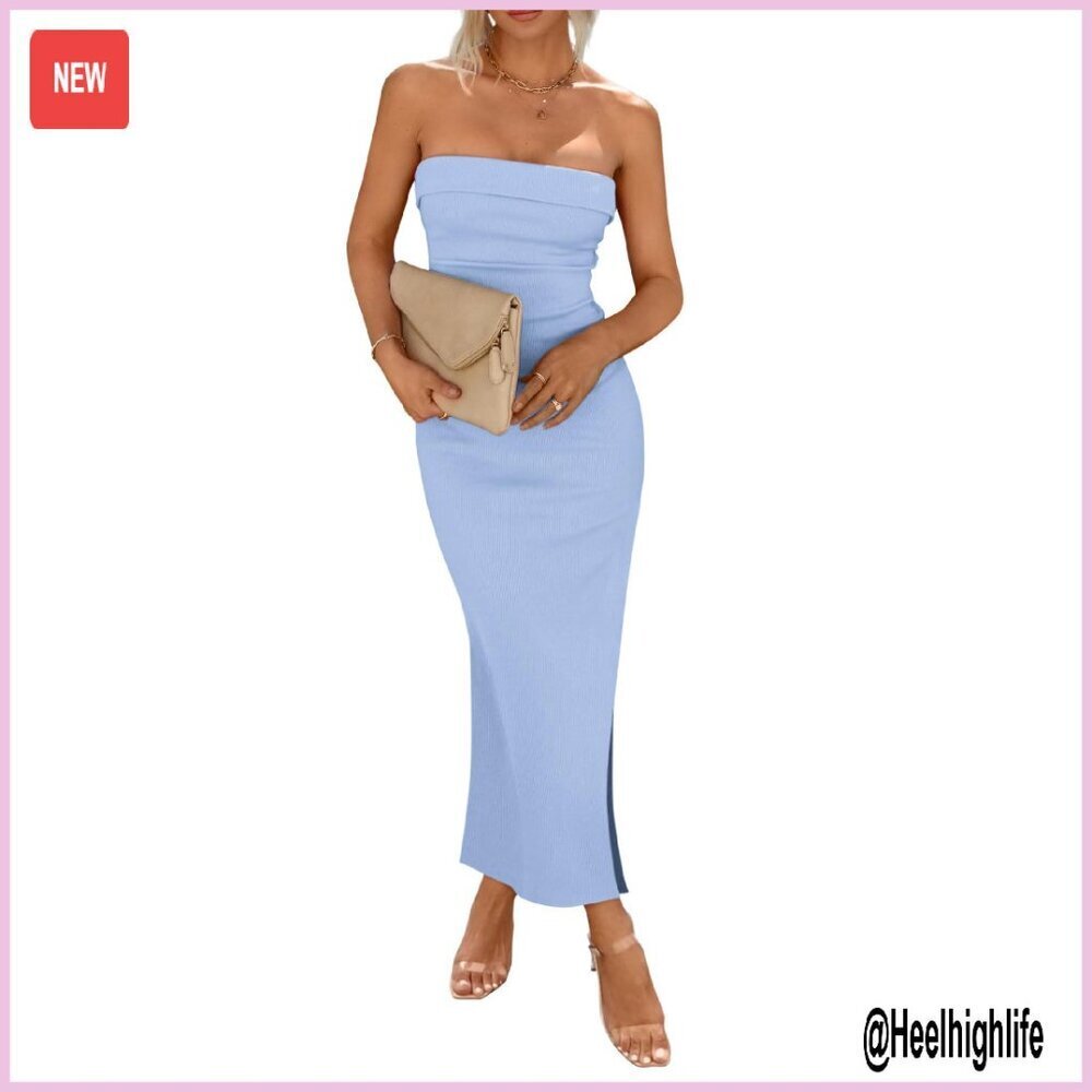 Strapless Maxi Bodycon Dress Ribbed Knit Side Slit Elegant Party